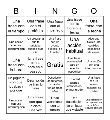 Carril de la memoria- Pretérito e Imperfecto Bingo Card
