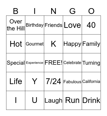 Yuki's 40th Birthday Bingo Card