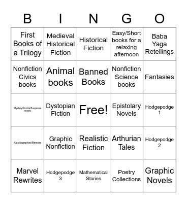 Summer Reading Bingo Card