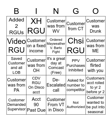 Disconnection Bingo (Please give acct # for RGU, SIK or SPP) Bingo Card