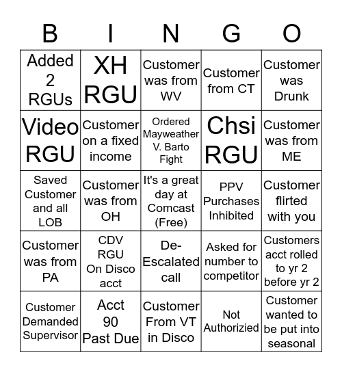 Disconnection Bingo (Please give acct # for RGU, SIK or SPP) Bingo Card