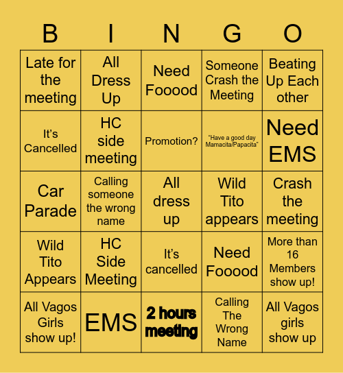 Vagos Meeting Bingo Card