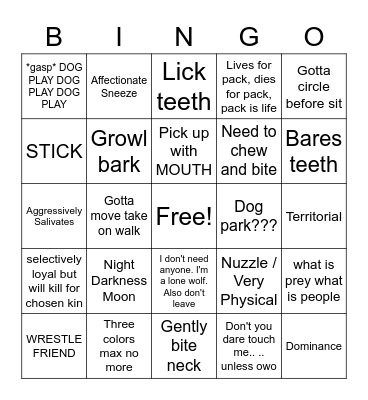 Wolf / Werewolf Bingo Card