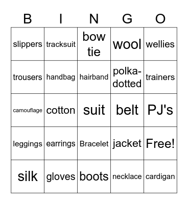 Clothes and Materials Bingo Card