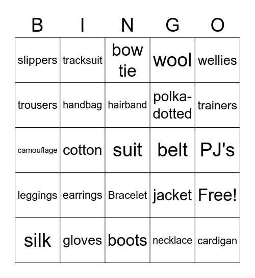 Clothes and Materials Bingo Card