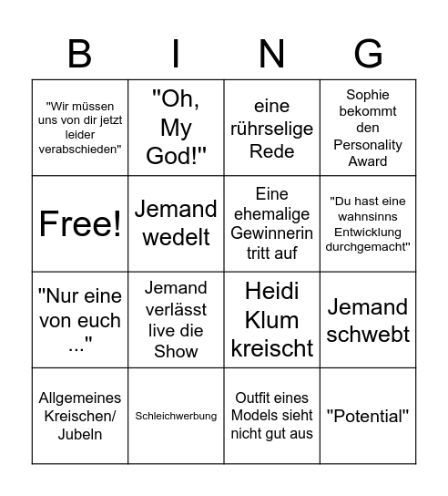 GNTM Finale Bingo Card