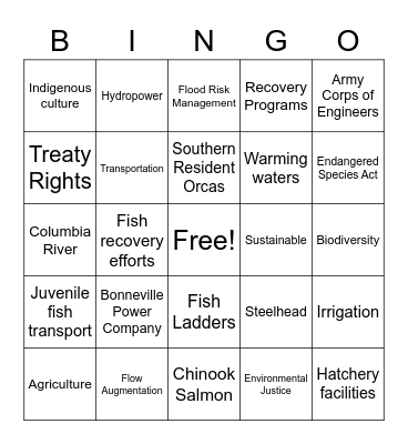 Four Lower Snake River Dams Bingo Card