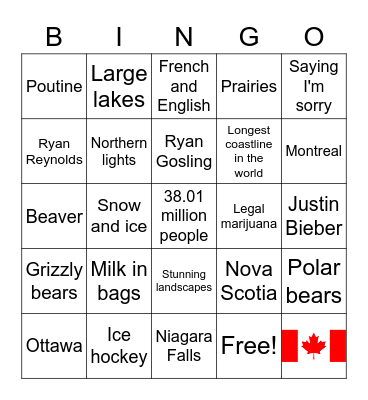 O Canada Bingo Card