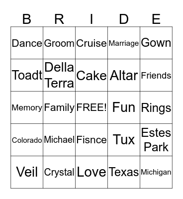 Crystal's Wedding Bingo! Bingo Card