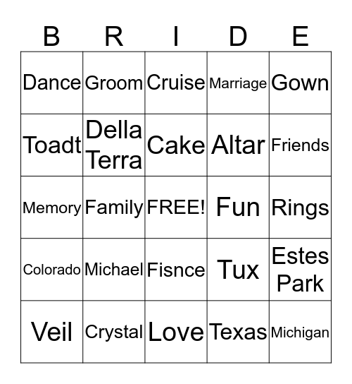 Crystal's Wedding Bingo! Bingo Card