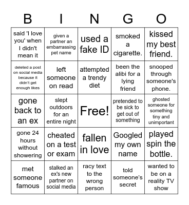 NEVER HAVE I EVER… Bingo Card