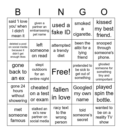 NEVER HAVE I EVER… Bingo Card