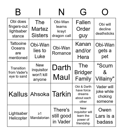 Obi-Wan Kenobi Bingo Card