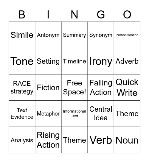 8th Grade ELA Bingo Card