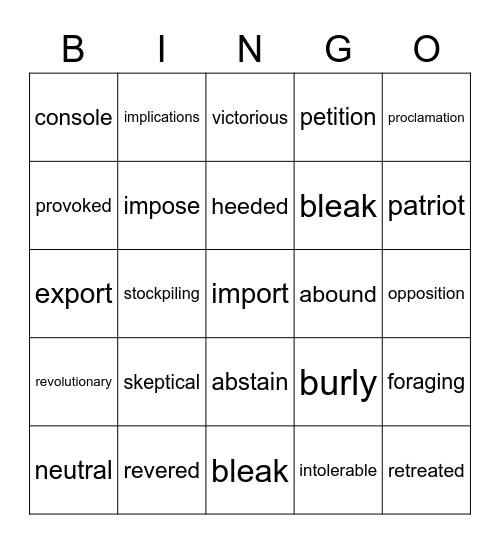 American Revolution Bingo Card