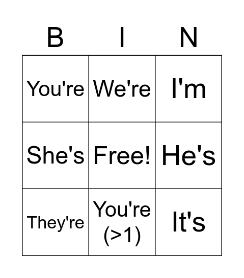 To Be Contractions Bingo Card