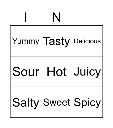 Food adjectives Bingo Card