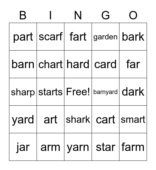 1st Grade /ar/ Bingo Card
