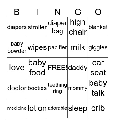 Jenna's Baby Shower Bingo Card