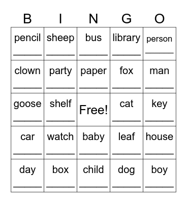 Singular Nouns Bingo Card