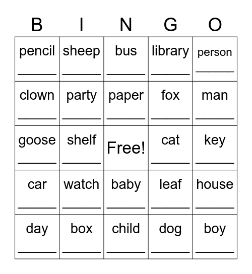 Singular Nouns Bingo Card