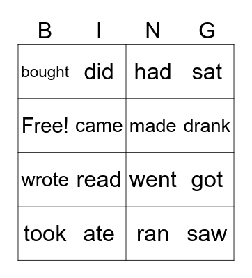 Irregular verbs bingo Card