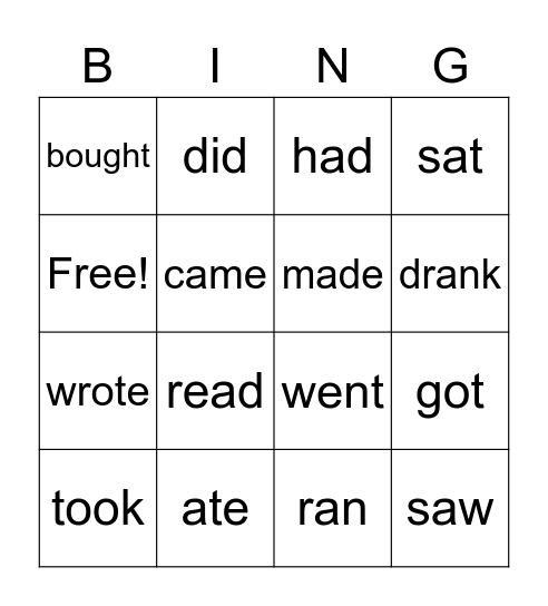 Irregular verbs bingo Card