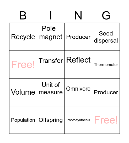 Science Vocabulary Bingo Card