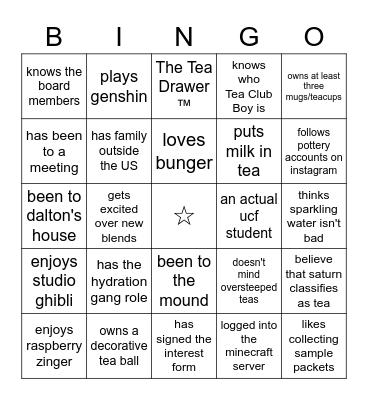 Average Tea Club Member Bingo Card