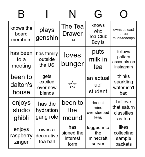 Average Tea Club Member Bingo Card