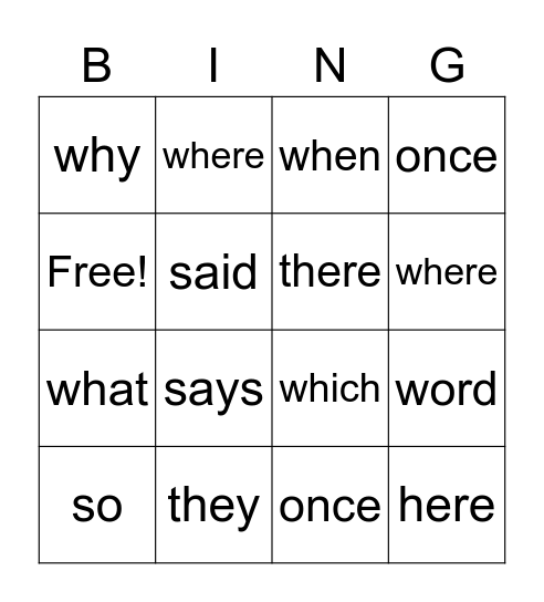 Sight Word Bingo Card