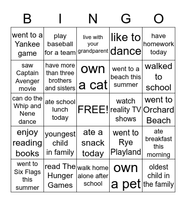 GETTING TO KNOW YOU BINGO Card