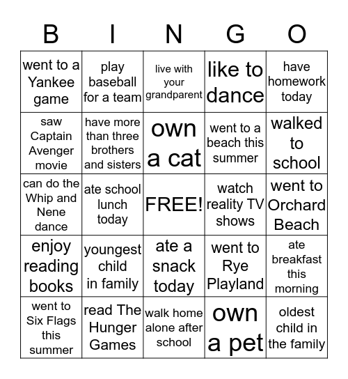 GETTING TO KNOW YOU BINGO Card