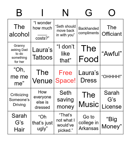 Granny’s Wedding Bingo Card Bingo Card