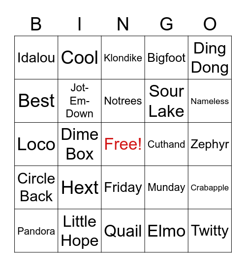 Texas Town Bingo Card