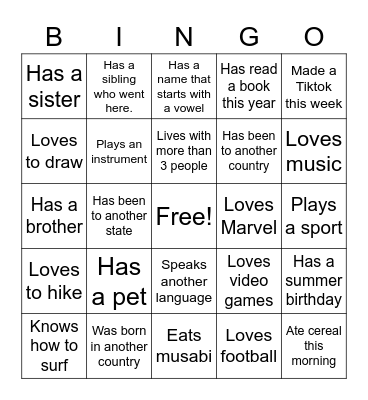 Getting to Know You Bingo Card
