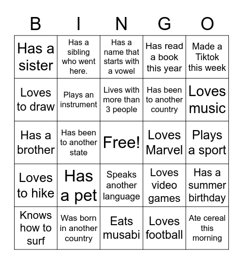 Getting to Know You Bingo Card