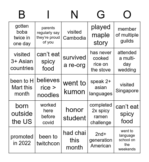 ASIAN GUILD BINGO! Bingo Card