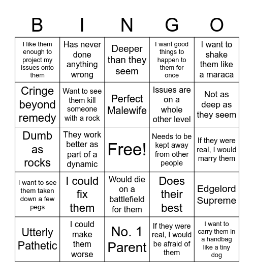 Lyre's Character Opinion Bingo Card