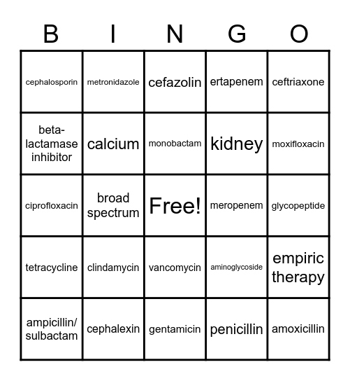 Antibiotic Bingo Card