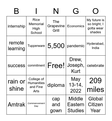 Happy Graduation Bingo Card