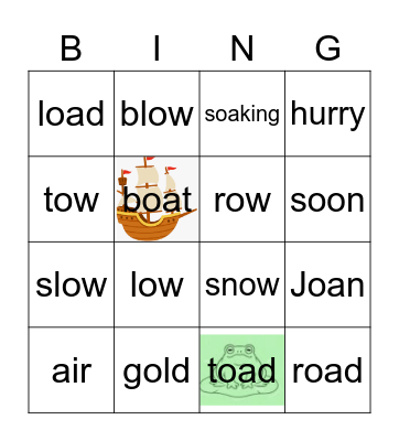 OA, OW words and sight Bingo Card