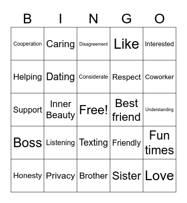 Relationships Bingo Card