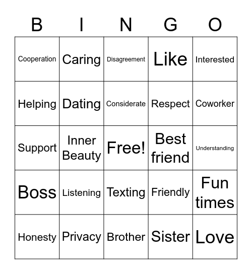 Relationships Bingo Card