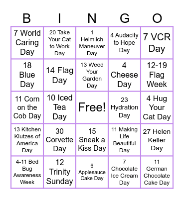 June Holidays Bingo Card