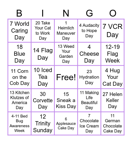 June Holidays Bingo Card