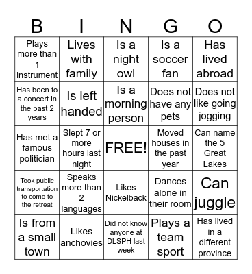 PHSA Human Bingo Card