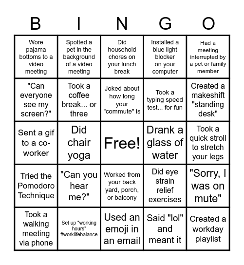 Remote Work Bingo Card