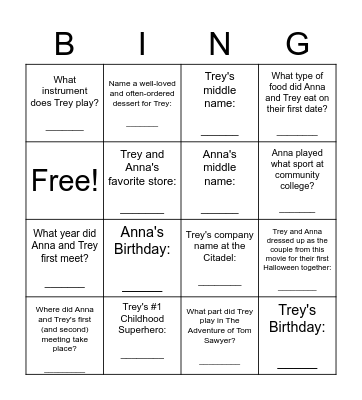 Trey and Anna's Wedding Bingo Card