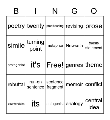 English 8 Bingo Card
